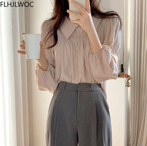 woloong Chic Korea Japanese Fenimine Clothes Women New Design Long Sleeve Solid Retro Vintage Black Pink Cute Tops And Blouses