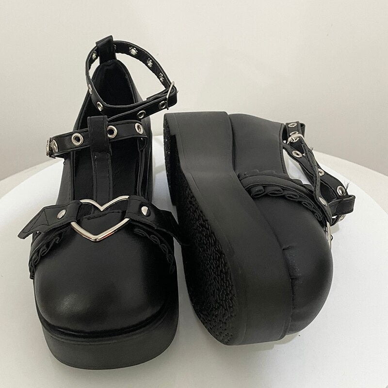 woloong New Chunky Platform Lolita Shoes Woman Flats Sweet Heart Buckle Mary Janes Shoes Pink T-Strap Punk Gothic Cosplay Shoes 35-43