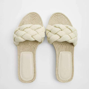 New Women's Slippers White Pearl Woven With Cotton And Linen Flat Bottom Outdoor Simple Versatile Soft Sole Sandals