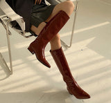 woloong  New INS Women Knee-high Women Boot Shoes Low Heel Slip On Long Boots Brand Designer Pointed Toe Chelsea Boots