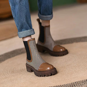 woloong  Autumn and winter new elasticated thick-soled women's boots French retro flat color elastic stitching plaid fashion Martin boots