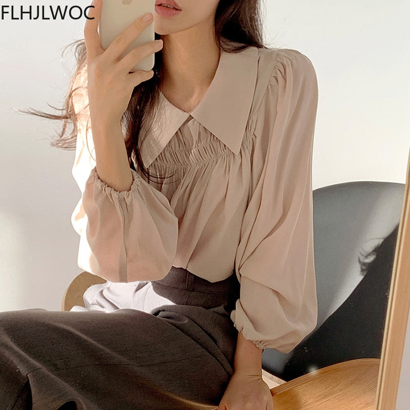 woloong Chic Korea Japanese Fenimine Clothes Women New Design Long Sleeve Solid Retro Vintage Black Pink Cute Tops And Blouses