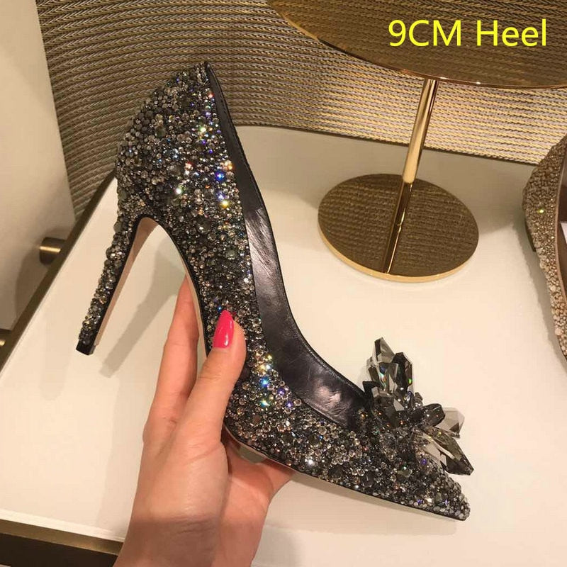 woloong  Newest  Cinderella Shoes Rhinestone High Heels Women Pumps Pointed toe Woman Crystal Party Wedding Shoes 5cm/7cm/9cm
