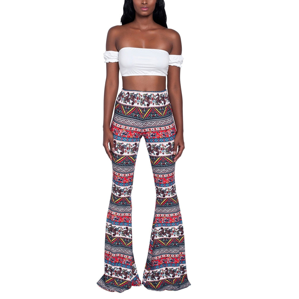 goosudu Summer New Women High-Waist Stretch-Print Trousers Wide-Leg Loose-Fitting Trousers Sexy Flared Pants Bottom Casual Leggings