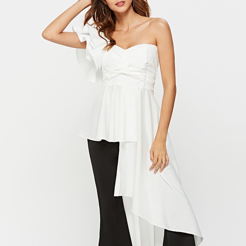 White Patchwork Ruffle T Shirt For Women Skew Collar Sleeveless Irregular Hem Slim T Shirts Female Fashion New