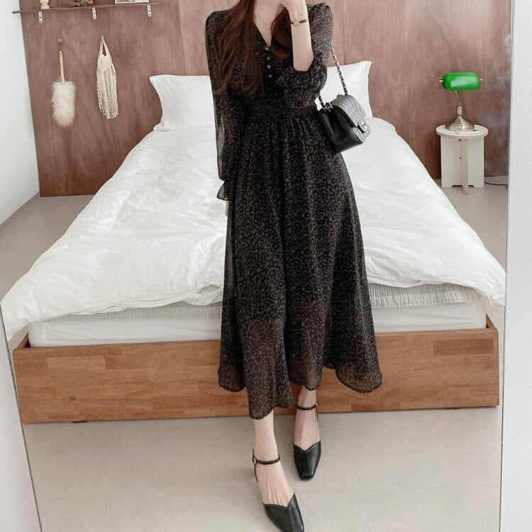 Korean Chic Fashion New Design Autumn Spring Womens Slim Waist A Line Elegant Date Girls Long Single Breasted Button Shirt Dress