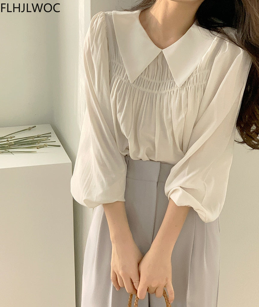 woloong Chic Korea Japanese Fenimine Clothes Women New Design Long Sleeve Solid Retro Vintage Black Pink Cute Tops And Blouses