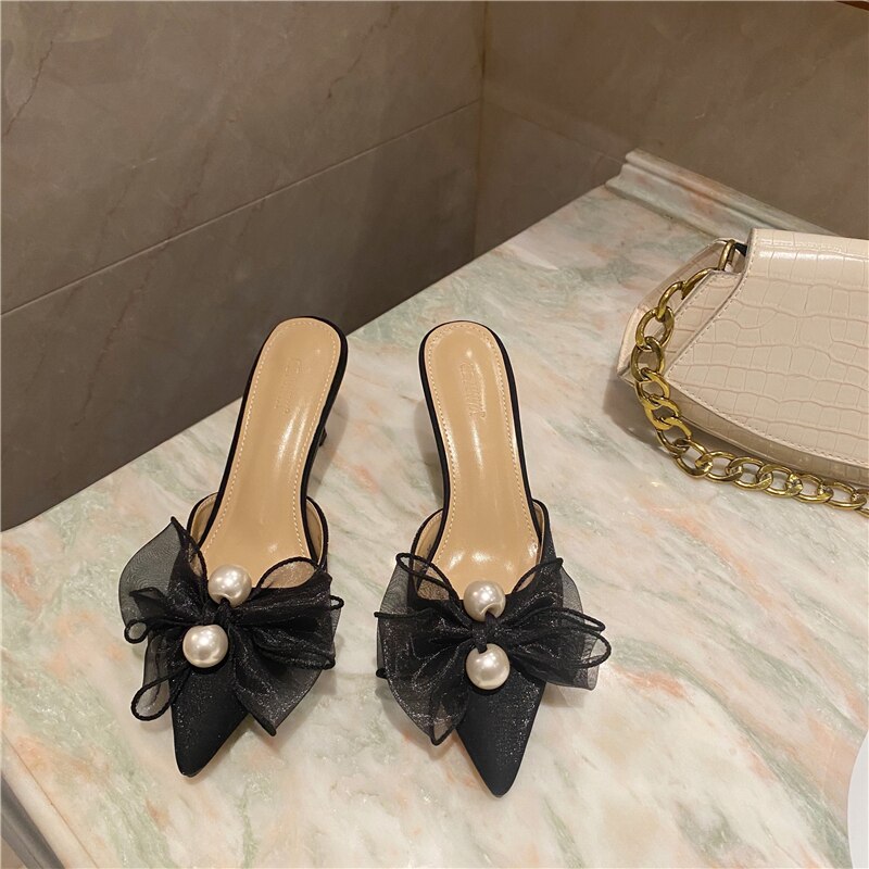 woloong New Baotou Half Drag Thin Heel Bow Sandals Pointed Pearl High Heel Muller Shoes