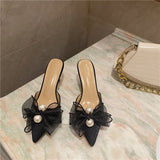woloong New Baotou Half Drag Thin Heel Bow Sandals Pointed Pearl High Heel Muller Shoes