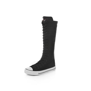 woloong  new fashion 3Colors women's canvas boots lace zipper knee high boots boots flat shoes casual high help punk shoes girls