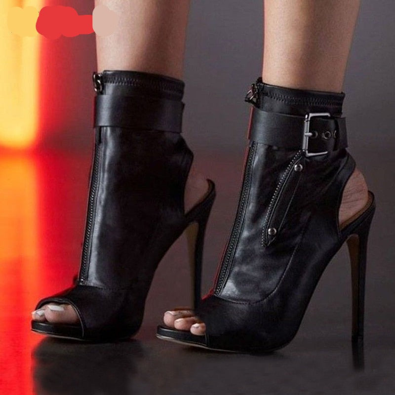 Summer New Womens Ankle Boots Sandals High Quality PU Leather Buckle Strap Zip Stiletto Heels Plus Size 35-40 Shoes