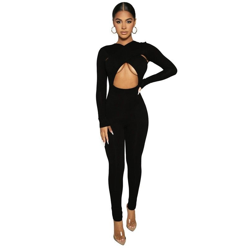 goosudu Solid Hollow Out Revealing Long Sleeves Slim Bodycon Jumpsuit Summer Women Fashion Sexy Sport Party Club Robe Y2K