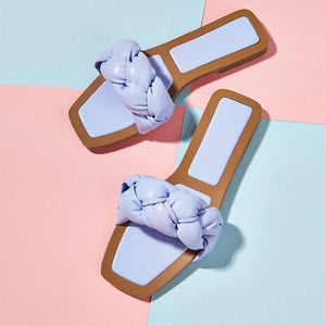 woloong New Design Weaving PU Leather Slip-On Women Flat Shoes Casual Beach Slippers Fashion Square Toe Ladies Sandals Slides