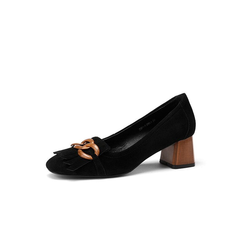 woloong  Fashion Newest Women Shoes Spring Thick Heels Pumps for Women Genuine Leather Kid Suede Office Lady Party Shoes for Women