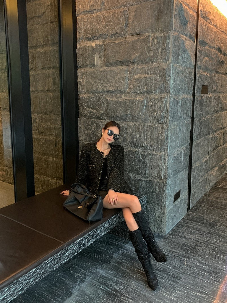 woloong New Crystal Shoes Woman Pointed Toe Over Knee High Boots Sexy Rhinestone Chunky Spike Heel Boots Ladies Shoes Botas Mujer