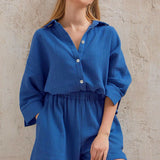 Cotton Pajamas For Women Sets Suit Casual Sleepwear Turn-Down Collar Nine Quarter Sleeve Sleep Tops Shorts Female Homewear