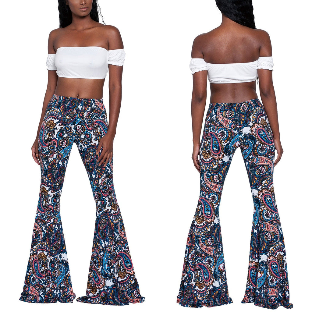 goosudu Summer New Women High-Waist Stretch-Print Trousers Wide-Leg Loose-Fitting Trousers Sexy Flared Pants Bottom Casual Leggings
