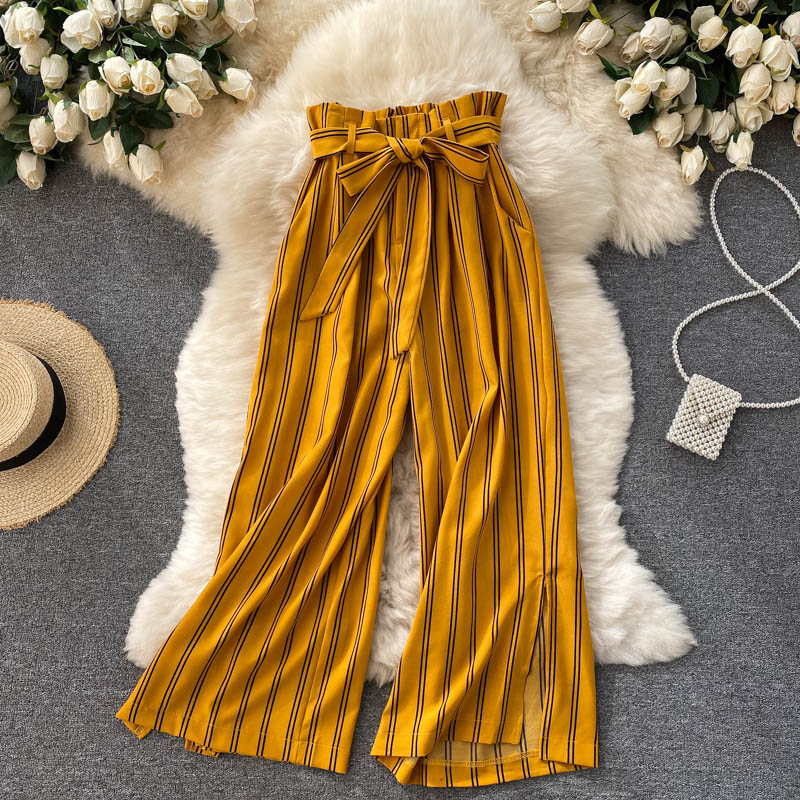 goosudu Summer New Fashion All-match Women's Casual Pants Retro Striped Color Slim Long Slit Wide Leg Pants DK1053