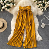 goosudu Summer New Fashion All-match Women's Casual Pants Retro Striped Color Slim Long Slit Wide Leg Pants DK1053