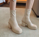 woloong New Autumn Winter Women Zipper Round Toe Booties New Brand Fashion Leather Ankle Boots Low Square Heels Chelsea Shoes