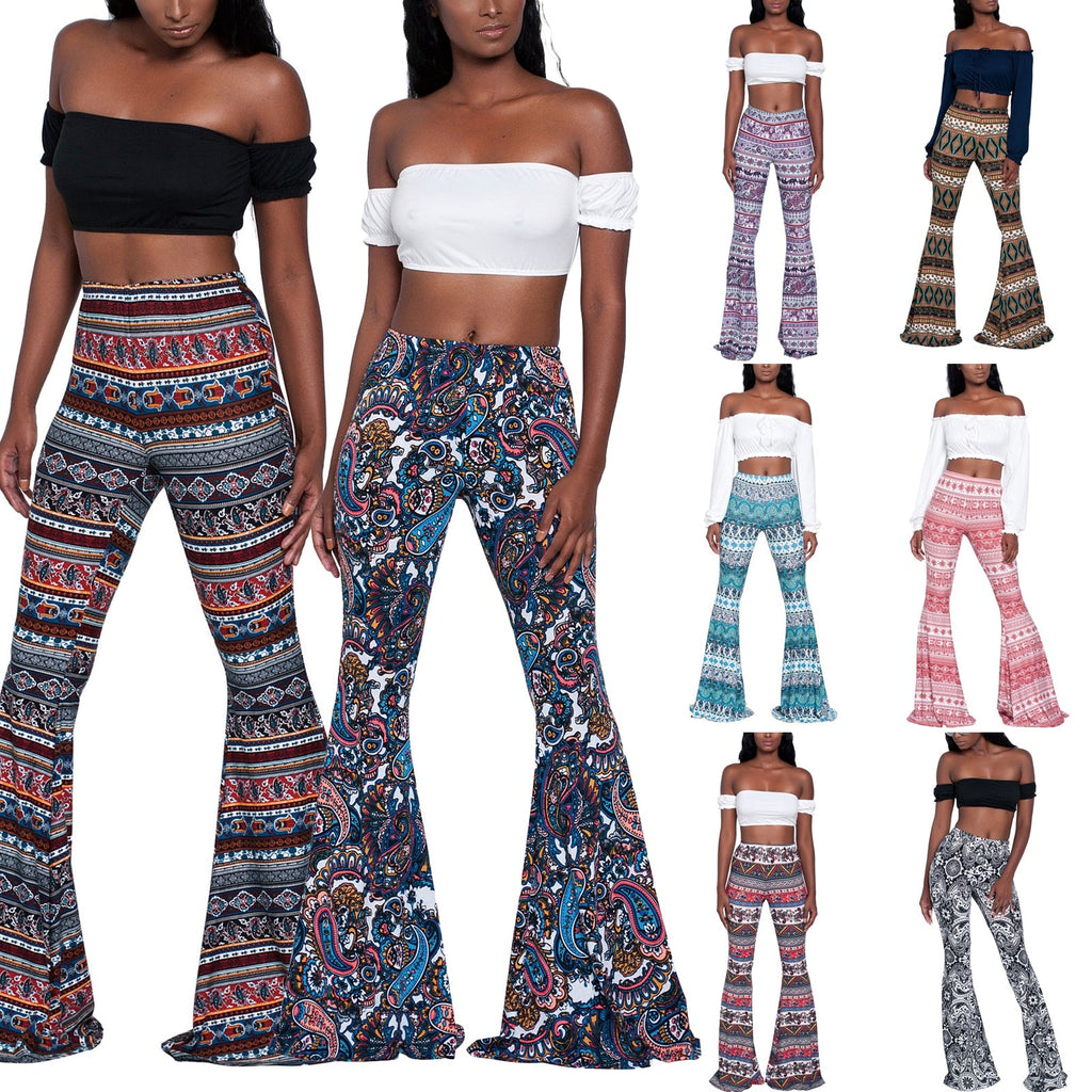 goosudu Summer New Women High-Waist Stretch-Print Trousers Wide-Leg Loose-Fitting Trousers Sexy Flared Pants Bottom Casual Leggings