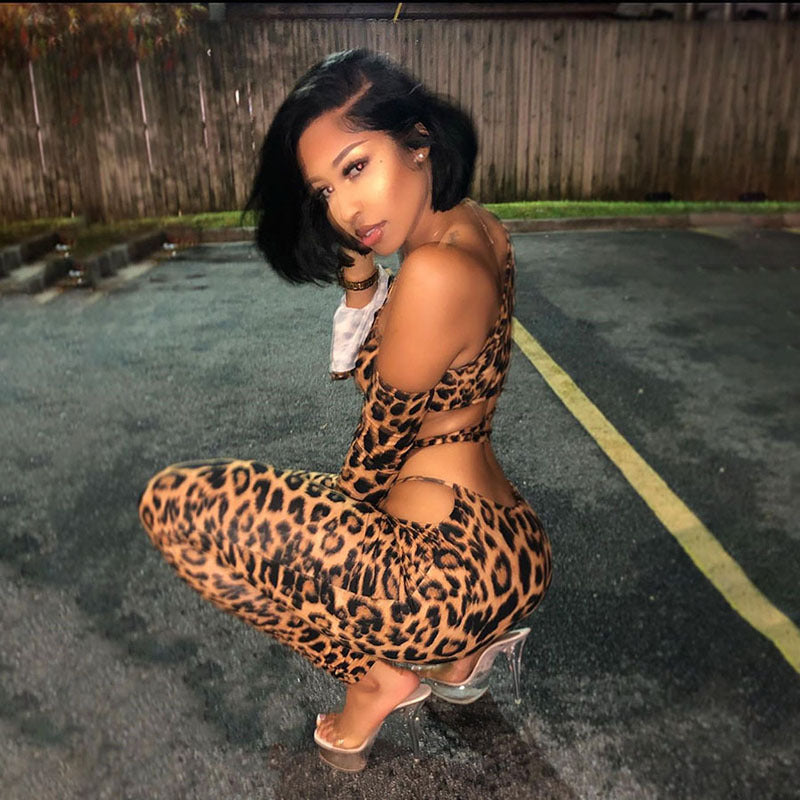 goosudu Long Sleeve Leopard Print Bandage Hollow Out Tshirt Leggings 2 Pieces Set Autumn Winter Women Sexy Tracksuit