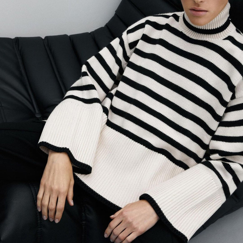 Winter Women’s Long Sleeves Knit Sweater Turtleneck Striped Print Loose Pullover Tops New Autumn Oversized Sweater