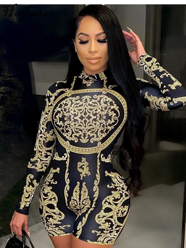 woloong  Classical Print O Neck Long Sleeve Playsuit New Year Sexy Slim Sports Elegant Casual Streetwear Concise Y2K