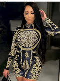 woloong  Classical Print O Neck Long Sleeve Playsuit New Year Sexy Slim Sports Elegant Casual Streetwear Concise Y2K
