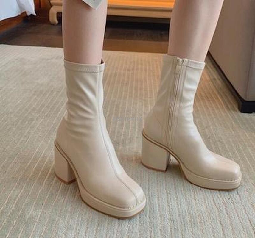 woloong New Autumn Winter Women Zipper Round Toe Booties New Brand Fashion Leather Ankle Boots Low Square Heels Chelsea Shoes