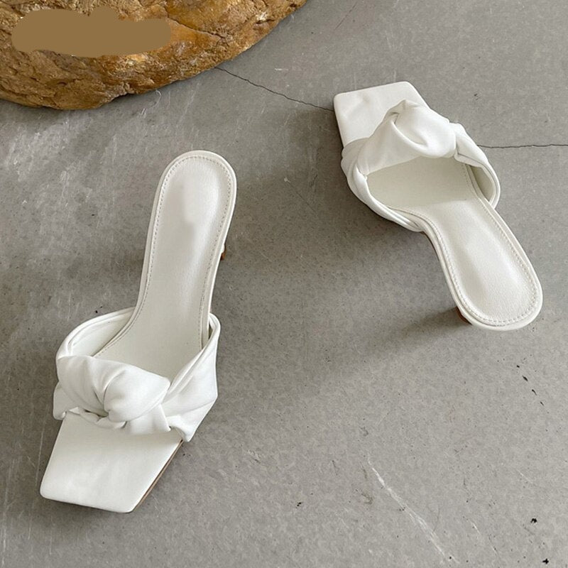 woloong New Design Pleated PU Leather Ladies Slippers Fashion Square Toe Sandals Women Leisure Sliders Shoes Low Thin High Heels