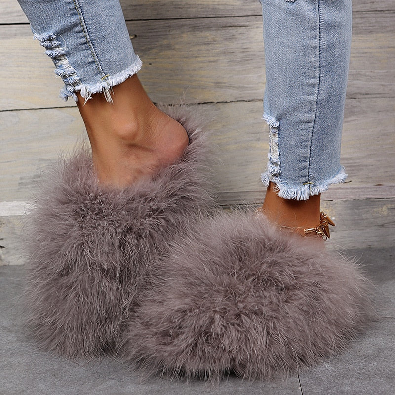 New Faux Fox Fur Slippers Women's Furry Warm Flip Flops Fullfy Raccoon Fur Slides Flat Comfortable Home Shoes Plus Size Couple