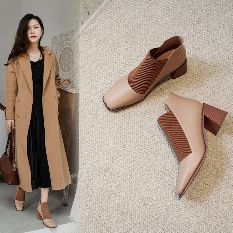 woloong  Fashion Comfortable Genuine Leather Women's Ankle Boots Elegant Square Toe Thick Heels Pumps Party Casual Shoes Woman New