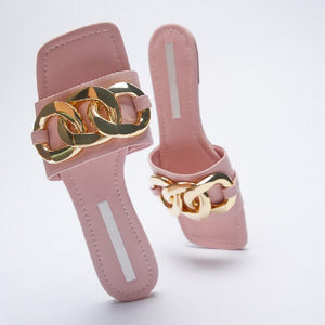 woloong   Classic Black Chain-decorated Women Slippers New Style Flat Fashion Sandals British Square Toe Comfortable Holiday Slippers Pink