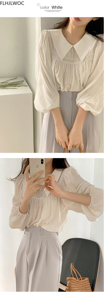 woloong Chic Korea Japanese Fenimine Clothes Women New Design Long Sleeve Solid Retro Vintage Black Pink Cute Tops And Blouses