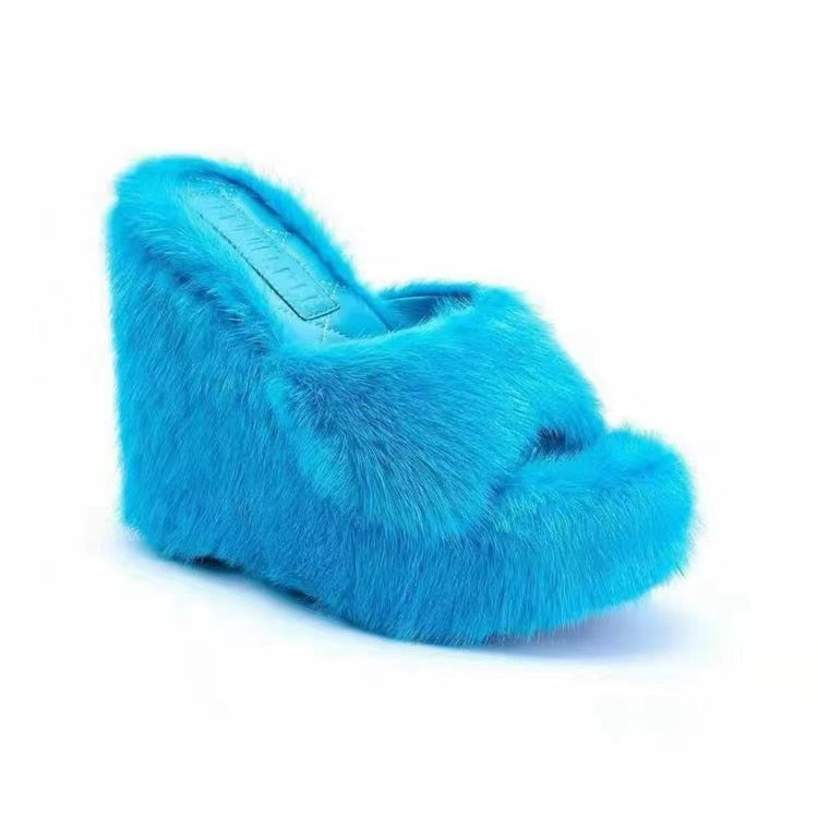 goosudu New Fur Slippers Women's Wedge Heel Shoes Women High-heeled Furry Drag Fashion Outdoor All-match Shoes Slippers Furry Slides