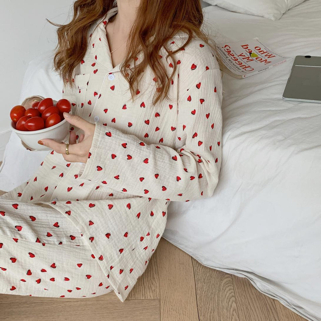goosudu Cotton Pajamas Set Comfortable Long Sleeve Lovely Sweet Leisurewear Home Suit Spring Sleepwear Soft Korean Heart Print Kawaii