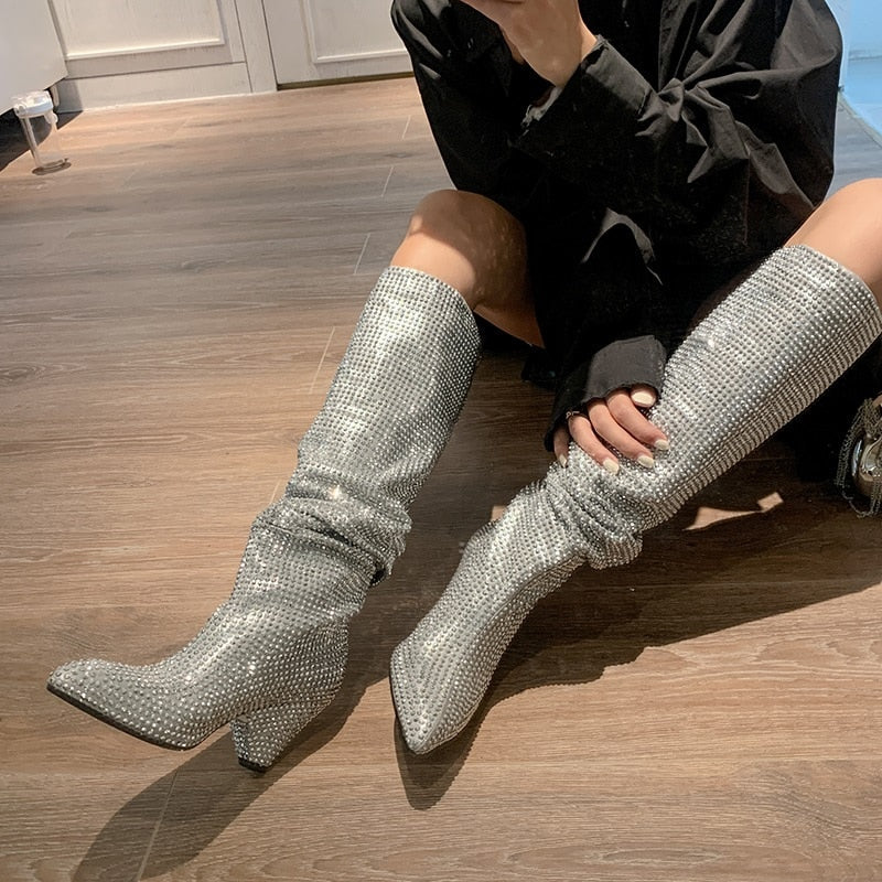 woloong New Crystal Shoes Woman Pointed Toe Over Knee High Boots Sexy Rhinestone Chunky Spike Heel Boots Ladies Shoes Botas Mujer