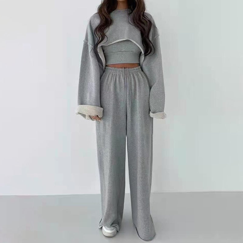 woloong  White Three Piece Set For Women O Neck Long Sleeve Tops Sleeveless Vest Wide Leg Pants Female Casual Sets New