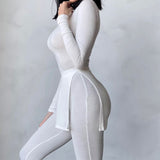 goosudu Long Sleeve O-Neck Skinny Stretchy Solid Print Jumpsuit Summer Women Fashion Streetwear Romper