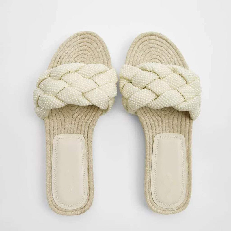 New Women's Slippers White Pearl Woven With Cotton And Linen Flat Bottom Outdoor Simple Versatile Soft Sole Sandals