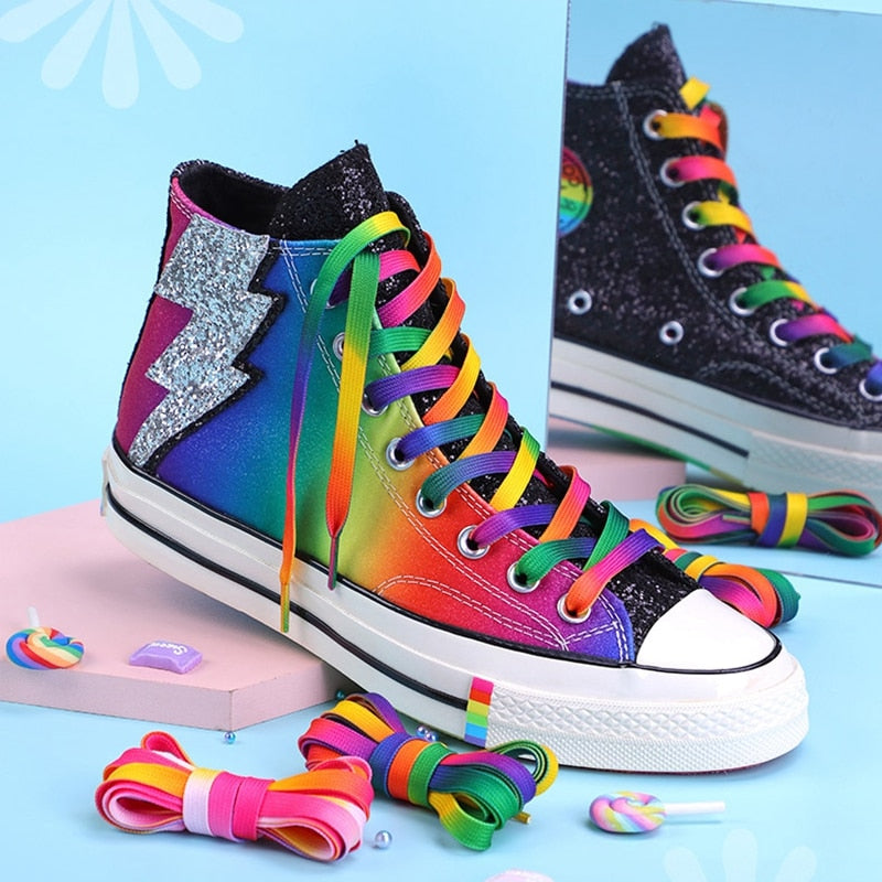 goosudu   Flat Shoelaces Rainbow Colour Shoe Laces Casual Canvas Shoes Colorful Shoelace Print Gradient Suitable for All Unisex 1 Pair