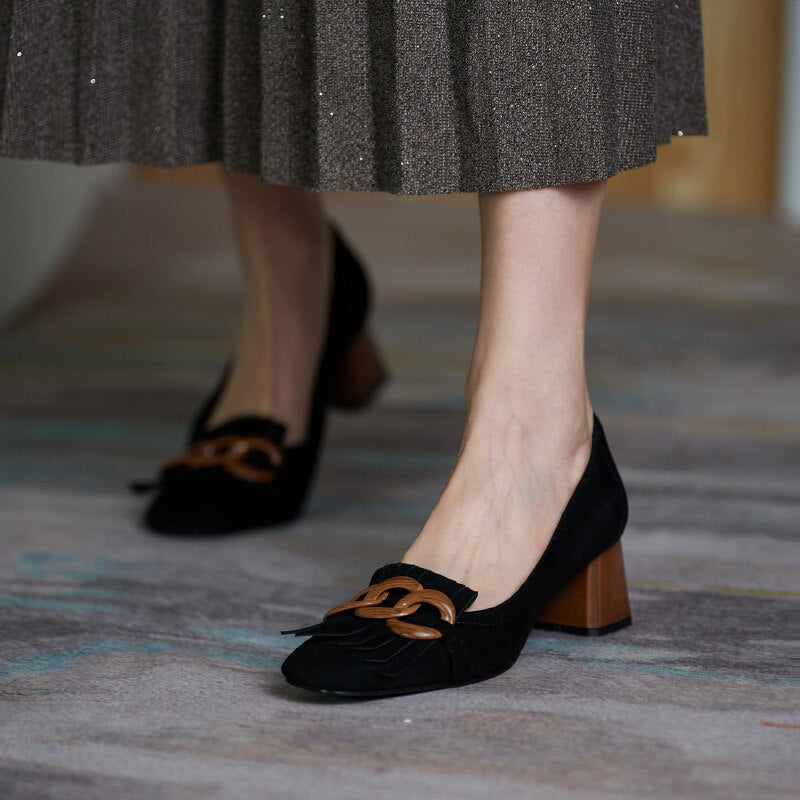 woloong  Fashion Newest Women Shoes Spring Thick Heels Pumps for Women Genuine Leather Kid Suede Office Lady Party Shoes for Women
