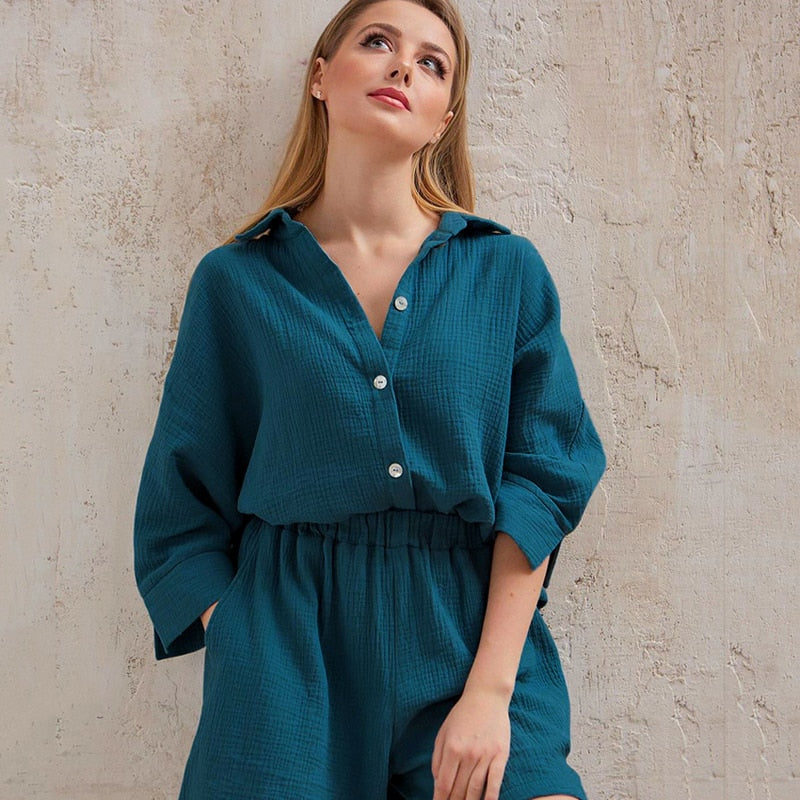 Cotton Pajamas For Women Sets Suit Casual Sleepwear Turn-Down Collar Nine Quarter Sleeve Sleep Tops Shorts Female Homewear