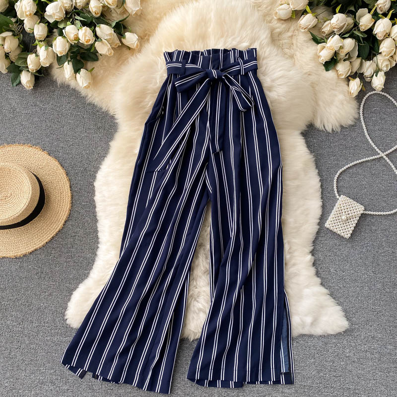 goosudu Summer New Fashion All-match Women's Casual Pants Retro Striped Color Slim Long Slit Wide Leg Pants DK1053