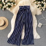 goosudu Summer New Fashion All-match Women's Casual Pants Retro Striped Color Slim Long Slit Wide Leg Pants DK1053