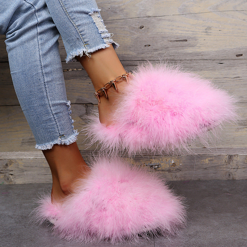 New Faux Fox Fur Slippers Women's Furry Warm Flip Flops Fullfy Raccoon Fur Slides Flat Comfortable Home Shoes Plus Size Couple