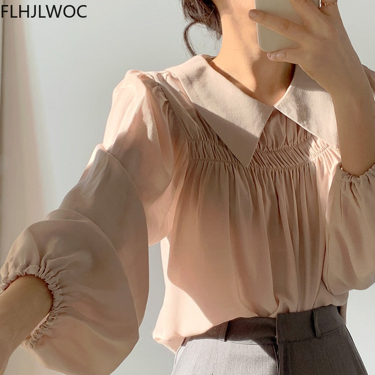 woloong Chic Korea Japanese Fenimine Clothes Women New Design Long Sleeve Solid Retro Vintage Black Pink Cute Tops And Blouses