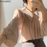 woloong Chic Korea Japanese Fenimine Clothes Women New Design Long Sleeve Solid Retro Vintage Black Pink Cute Tops And Blouses