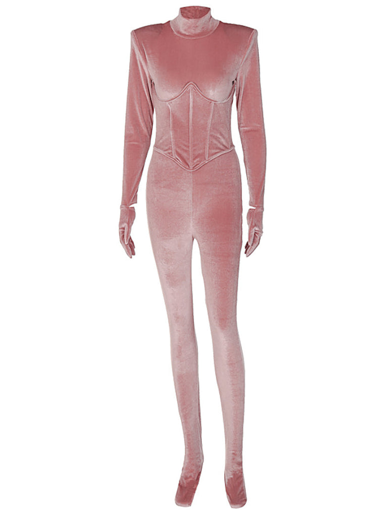 goosudu  Solid Velvet With Corset Gloves Sexy Bodycon Jumpsuit Summer Fall Slim Party Club Elegant Streetwear Outfit Y2K